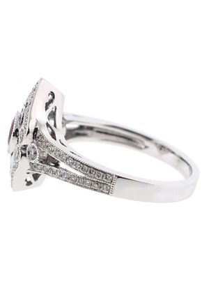 Vintage Inspired Bezel Set Ruby and Diamond Split Shank Ring with Beaded Milgrain and Filigree Detail in 18K White Gold