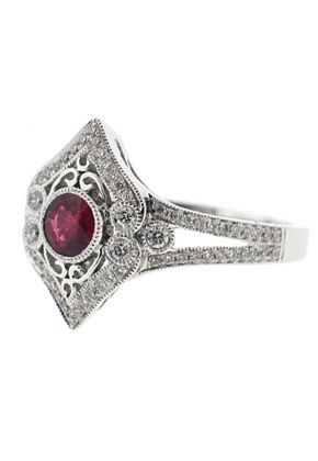 Vintage Inspired Bezel Set Ruby and Diamond Split Shank Ring with Beaded Milgrain and Filigree Detail in 18K White Gold