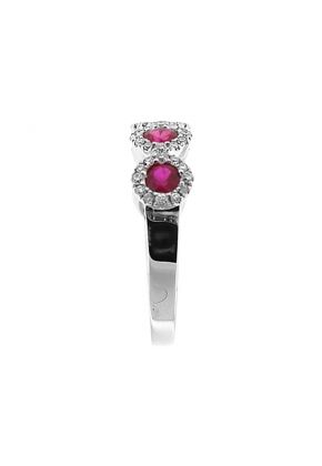5 Stone Ruby Ring with Diamond Halos on Each in 18K White Gold
