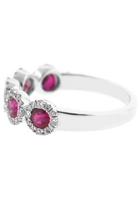 5 Stone Ruby Ring with Diamond Halos on Each in 18K White Gold