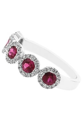 5 Stone Ruby Ring with Diamond Halos on Each in 18K White Gold