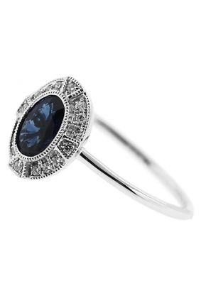 Vintage Inspired Oval Sapphire Ring with Diamond Rounds and Beaded Milgrain in 18K White Gold