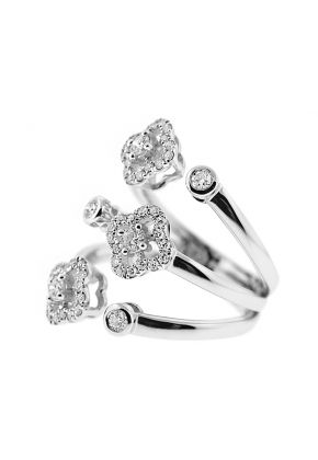 Bypass Statement Ring with Clover Design and Bezel Set Diamond Rounds in 14K White Gold