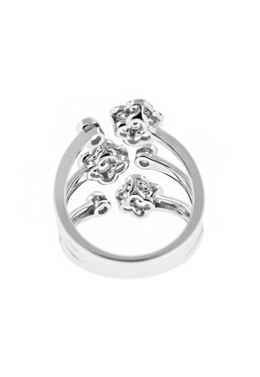 Bypass Statement Ring with Clover Design and Bezel Set Diamond Rounds in 14K White Gold