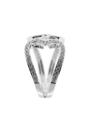 Double Heart Bypass Style Ring Connected by Single Diamond Center in 18K White Gold