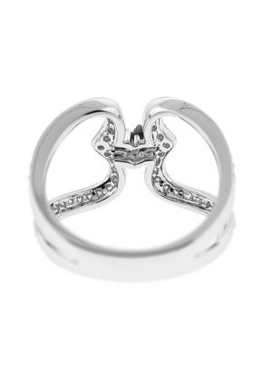 Double Heart Bypass Style Ring Connected by Single Diamond Center in 18K White Gold