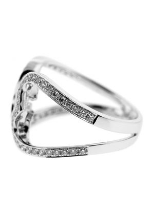 Double Heart Bypass Style Ring Connected by Single Diamond Center in 18K White Gold