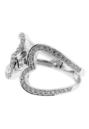 Double Heart Bypass Style Ring Connected by Single Diamond Center in 18K White Gold