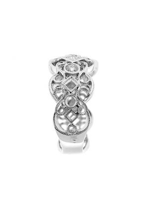 Right Hand Fashion Ring with Bezel Set Round and Princess Cut Diamonds Surrounded by Beaded Milgrain and Delicate Filigree Design in 18K White Gold