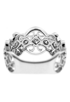 Right Hand Fashion Ring with Bezel Set Round and Princess Cut Diamonds Surrounded by Beaded Milgrain and Delicate Filigree Design in 18K White Gold
