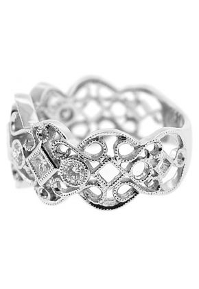 Right Hand Fashion Ring with Bezel Set Round and Princess Cut Diamonds Surrounded by Beaded Milgrain and Delicate Filigree Design in 18K White Gold