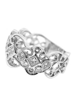 Right Hand Fashion Ring with Bezel Set Round and Princess Cut Diamonds Surrounded by Beaded Milgrain and Delicate Filigree Design in 18K White Gold