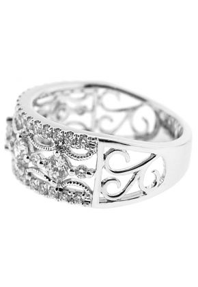 Right Hand Diamond Fashion Ring with Beaded Milgrain and Filigree Design in 18K White Gold