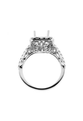 Semi-Mount Square Halo Engagement Ring with Filigree Milgrain and Diamonds Set in 18k White Gold
