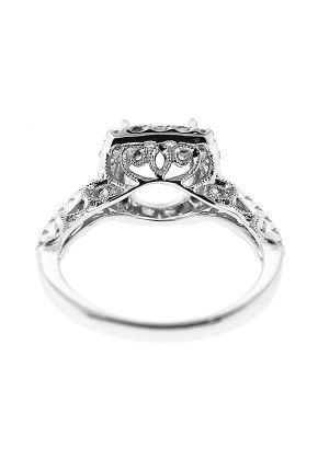 Semi-Mount Square Halo Engagement Ring with Filigree Milgrain and Diamonds Set in 18k White Gold