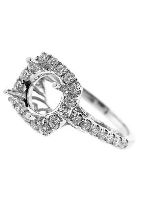 Semi-Mount Square Halo Engagement Ring with Filigree Milgrain and Diamonds Set in 18k White Gold