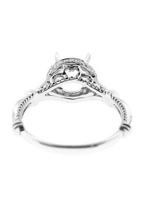 Semi-Mount Round Halo Engagement Ring with Beaded Milgrain and Diamonds Set in 18k White Gold