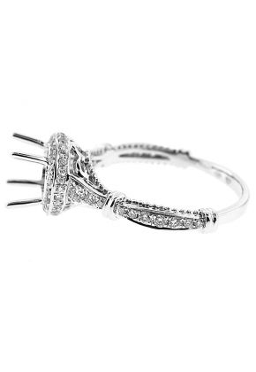 Semi-Mount Round Halo Engagement Ring with Beaded Milgrain and Diamonds Set in 18k White Gold
