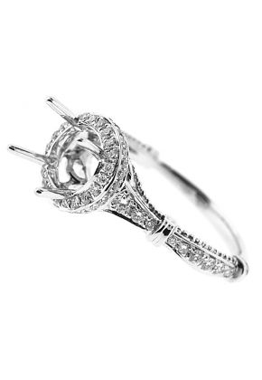 Semi-Mount Round Halo Engagement Ring with Beaded Milgrain and Diamonds Set in 18k White Gold