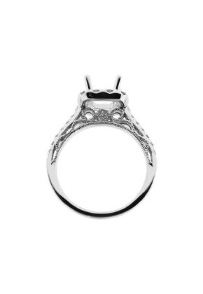 Semi-Mount Square Halo Engagement Ring with Milgrain Filigree and Diamonds Set in 18k White Gold