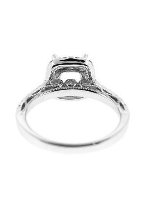 Semi-Mount Square Halo Engagement Ring with Milgrain Filigree and Diamonds Set in 18k White Gold