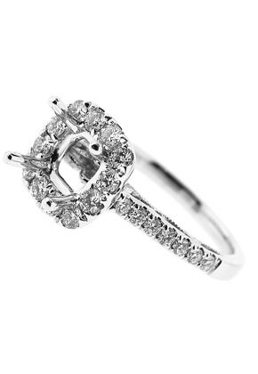 Semi-Mount Square Halo Engagement Ring with Milgrain Filigree and Diamonds Set in 18k White Gold