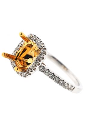 Two Tone Semi-Mount Split Shank Diamond Engagement Ring with Square Halo in 18k Yellow and White Gold