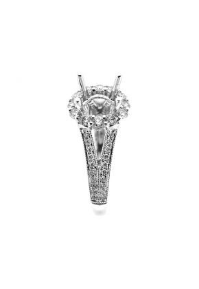 Semi Mount Split Shank Halo Engagement Ring with Diamonds Set in 18k White Gold