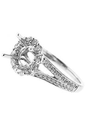 Semi Mount Split Shank Halo Engagement Ring with Diamonds Set in 18k White Gold