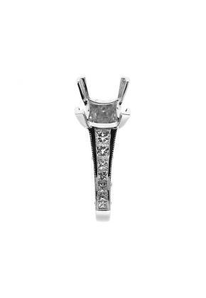 4 Prong Semi-Mount Milgrain Engraved Engagement Ring with Channel Set Princess Cut Diamonds and Micro-Pav?? Set Round Diamonds in 18k White Gold