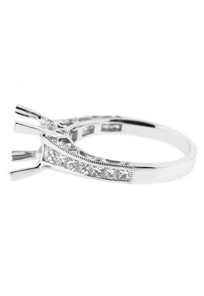 4 Prong Semi-Mount Milgrain Engraved Engagement Ring with Channel Set Princess Cut Diamonds and Micro-Pav?? Set Round Diamonds in 18k White Gold
