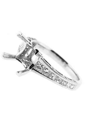 4 Prong Semi-Mount Milgrain Engraved Engagement Ring with Channel Set Princess Cut Diamonds and Micro-Pav?? Set Round Diamonds in 18k White Gold