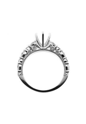 6 Prong Semi Mount Milgrain Engraved Engagement Ring with Bezel and Prong Set Round and Pear Shaped Diamonds in 18k White Gold