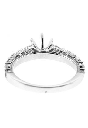 6 Prong Semi Mount Milgrain Engraved Engagement Ring with Bezel and Prong Set Round and Pear Shaped Diamonds in 18k White Gold