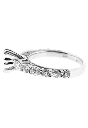 6 Prong Semi Mount Milgrain Engraved Engagement Ring with Bezel and Prong Set Round and Pear Shaped Diamonds in 18k White Gold