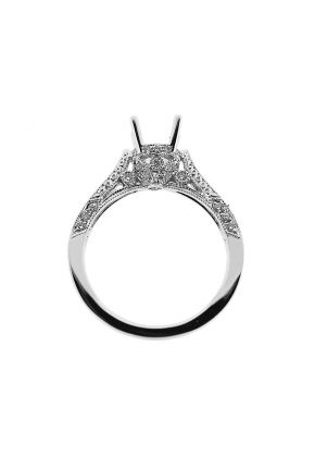 4 Prong Semi Mount Milgrain Engraved Engagement Ring with Prong, Pav??, and Bezel Set Diamonds in 18k White Gold