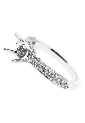 4 Prong Semi Mount Milgrain Engraved Engagement Ring with Prong, Pav??, and Bezel Set Diamonds in 18k White Gold