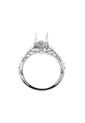 4 Prong Semi-Mount Milgrain Engraved Engagement Ring with Filigree Detail and Diamonds Set in 18k White Gold