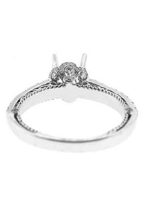 4 Prong Semi-Mount Milgrain Engraved Engagement Ring with Filigree Detail and Diamonds Set in 18k White Gold