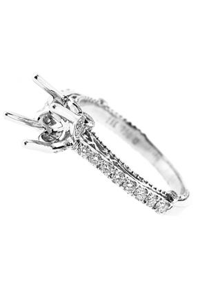 4 Prong Semi-Mount Milgrain Engraved Engagement Ring with Filigree Detail and Diamonds Set in 18k White Gold