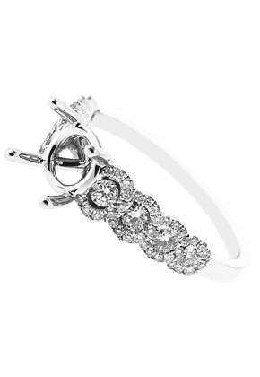 4 Prong Semi-Mount Engagement Ring with Diamonds Surrounded by Halos in 18k White Gold