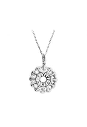 Round Pendant with Decorative Beaded Milgrain in a Flower Design and Diamond Rounds Set in 18k White Gold