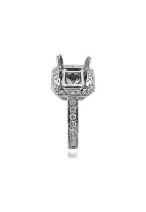 Semi-Mount Square Halo Engagement Ring with Micro-Pav?? Set Diamonds and Beaded Milgrain Engraved in 18k White Gold