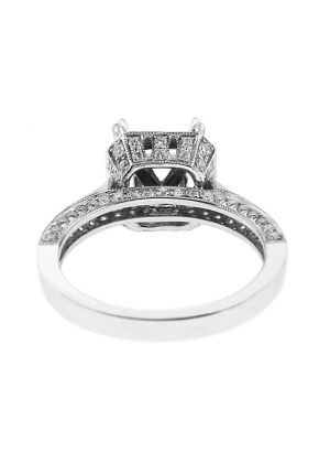 Semi-Mount Square Halo Engagement Ring with Micro-Pav?? Set Diamonds and Beaded Milgrain Engraved in 18k White Gold