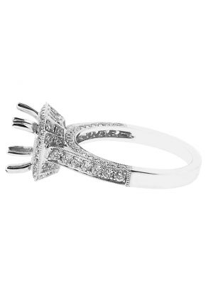 Semi-Mount Square Halo Engagement Ring with Micro-Pav?? Set Diamonds and Beaded Milgrain Engraved in 18k White Gold