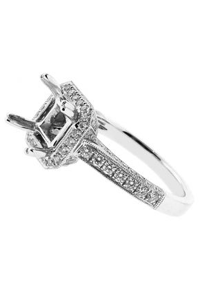 Semi-Mount Square Halo Engagement Ring with Micro-Pav?? Set Diamonds and Beaded Milgrain Engraved in 18k White Gold