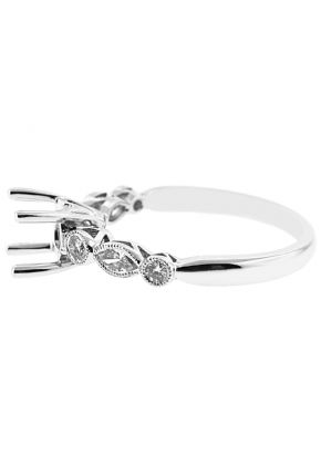 4 Prong Semi-Mount Engagement Ring with Bezel Set Round and Marquise Diamonds Surrounded by Beaded Milgrain in 18k White Gold