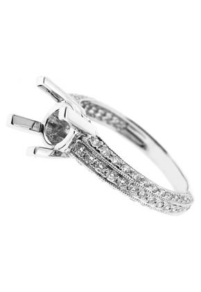 Semi-Mount Three Side Engagement Ring with Pav?? Set Diamonds Bordered by Beaded Milgrain in 18k White Gold