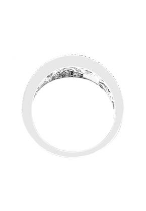 Curved Ladies Fashion Ring with Diamonds and Beaded Milgrain Design in 18k White Gold
