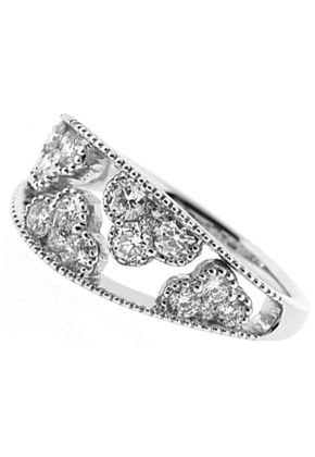Curved Ladies Fashion Ring with Diamonds and Beaded Milgrain Design in 18k White Gold